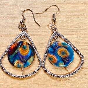 Silver Tone Drop with Rainbow Center Disc Dangle Earrings